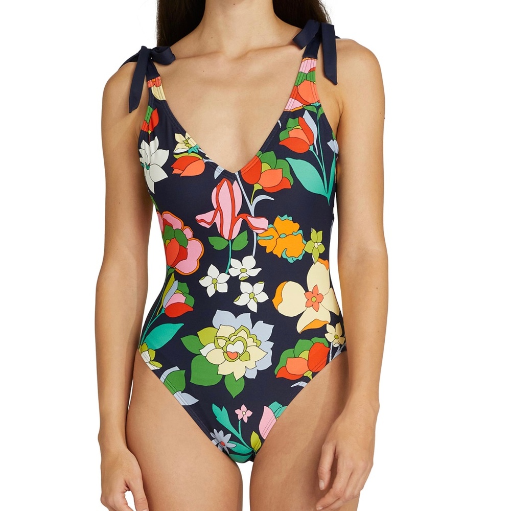 Kate Spade New York Shoulder Tie Plunge One Piece Swimsuit - Flower Bed